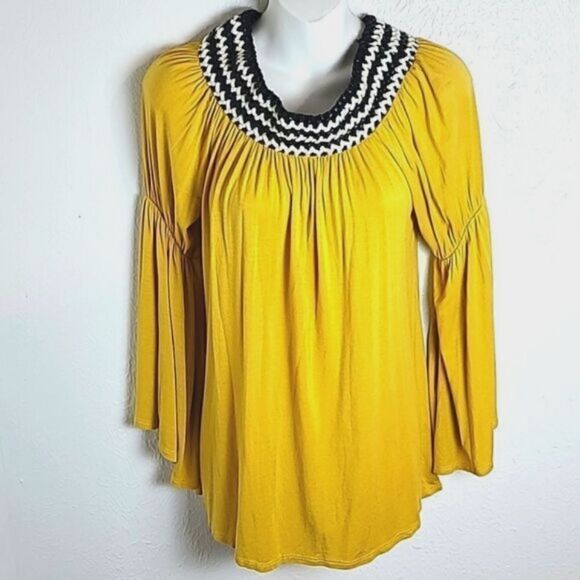 Voll by Chicos Gold Blouse with Black & White Braided Cowl Neckline, Size Small - Picture 1 of 7